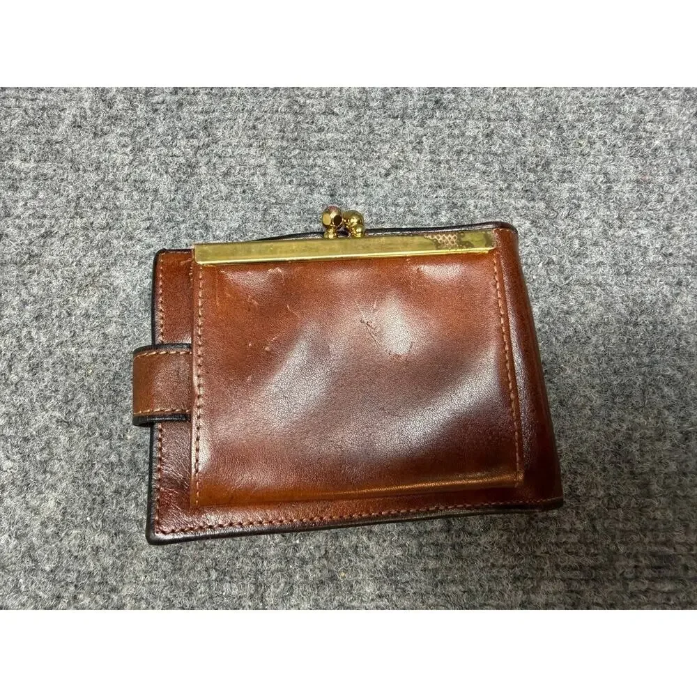 Bosca Brown Leather Bifold Wallet Coin Pocket Frame Clasp Pre-Owned
